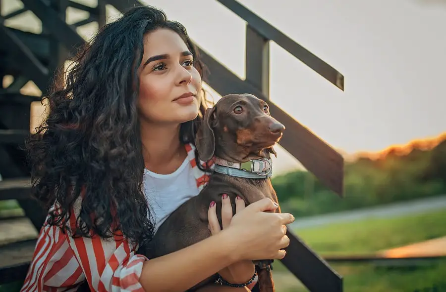 Beautiful young and brave woman with curly hair holding her dachshund